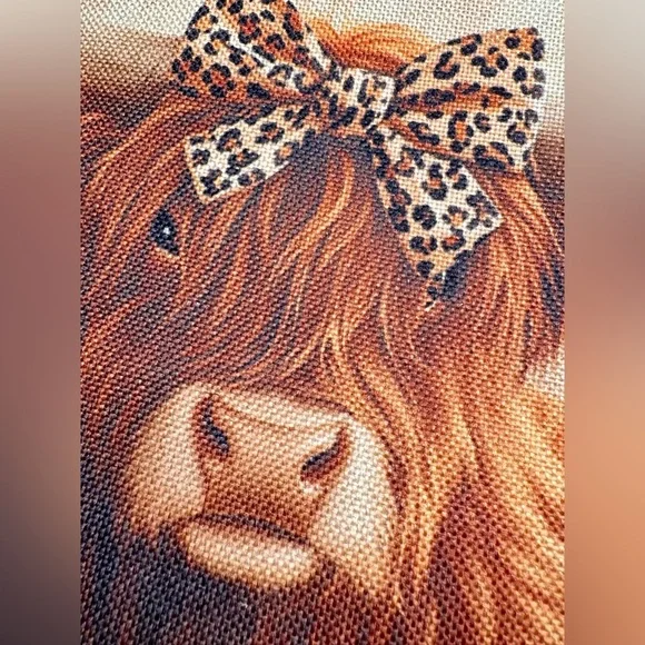 New Highland Cow w/ Leopard Bow Makeup Tech Pencil Bag w/ Pink Keychain - 10.5” - Picture 4 of 8